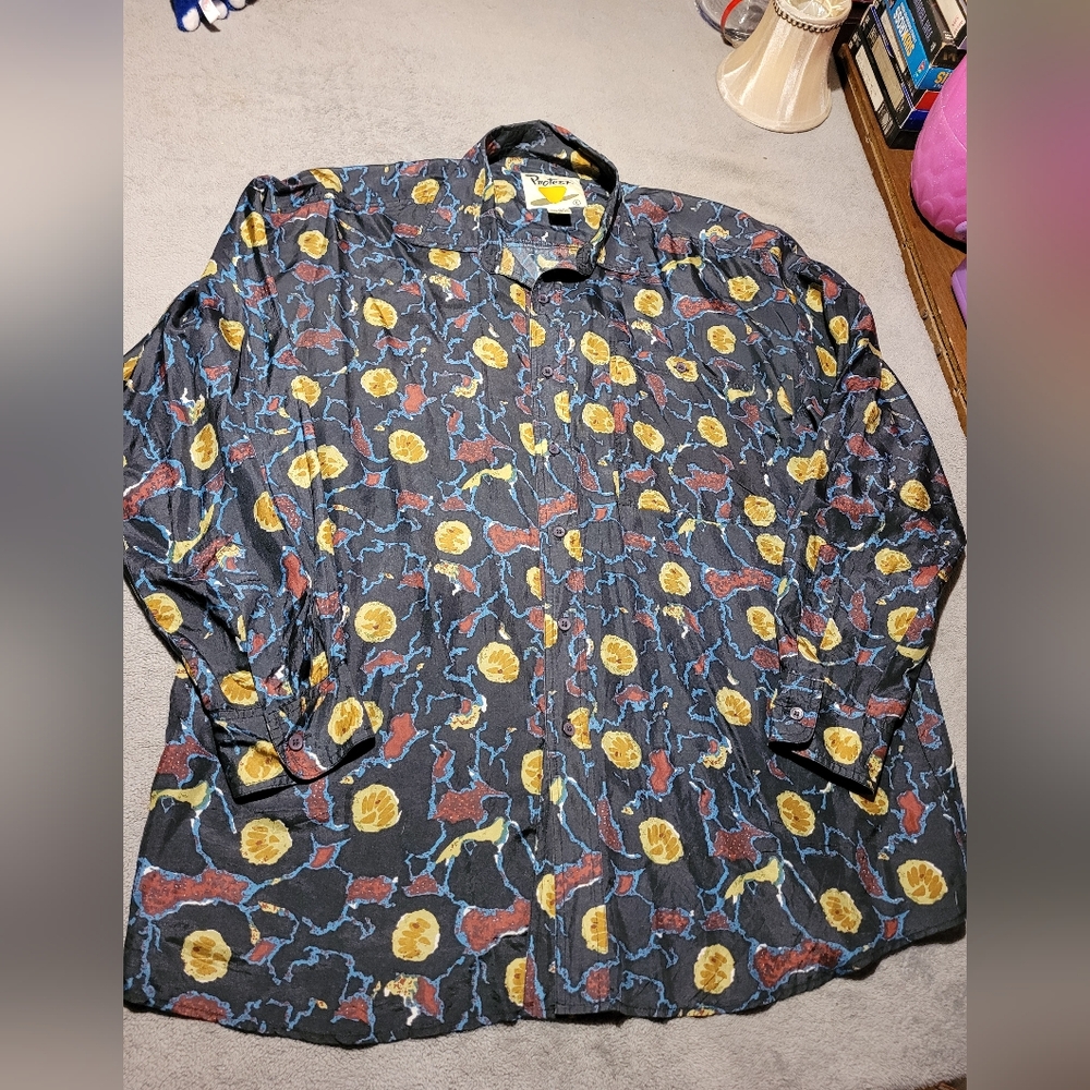Protest 100% Silk Shirt Mens Large Button Up Long Sleeve 90s Abstract Art